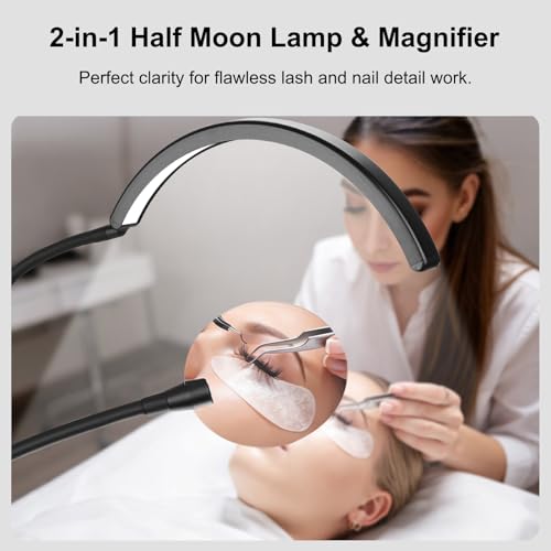 Half Moon Light for Nail Desk: Dual Arm Half Moon Desk Lamp with 4X Magnifier for Beginner-Arch Nail Tech Light with 3 Color Modes & 10 Brightness Levels for Manicure Salon, Eyelash Extensions, Tattoo