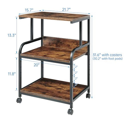 Fannova Printer Table Stand with Height Adjustable Shelf, 3 Tier Rolling Printer Cart with Wheels for Home Office Storage and Organization, Industrial Style - color: Rustic Brown