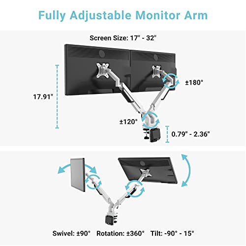 Dual Monitor Arm Gas Spring Stand, Fits 17"-32" Monitors, Holds Up to 40lbs - style: Dual 17"-32" White
