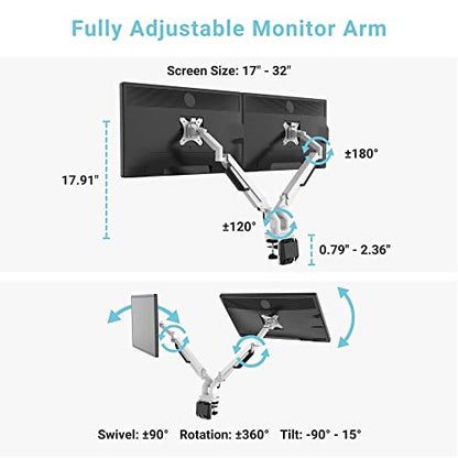 Dual Monitor Arm Gas Spring Stand, Fits 17"-32" Monitors, Holds Up to 40lbs - style: Dual 17"-32" White