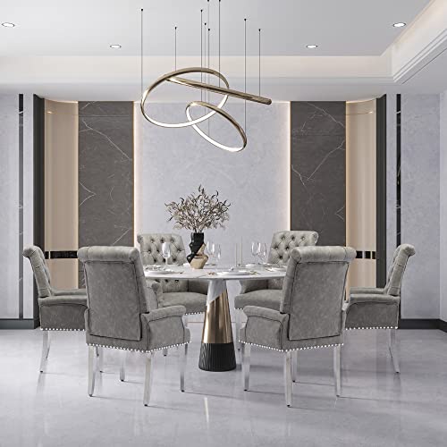 LOULENS PU Leather Dining Chairs Set of 2, Dining Chairs with Arms, Grey | Upholstered, High Back, Tufted, Luxurious, Stainless Steel Leg, for Kitchen & Dining Room - color: Pu, size: 2 PCS