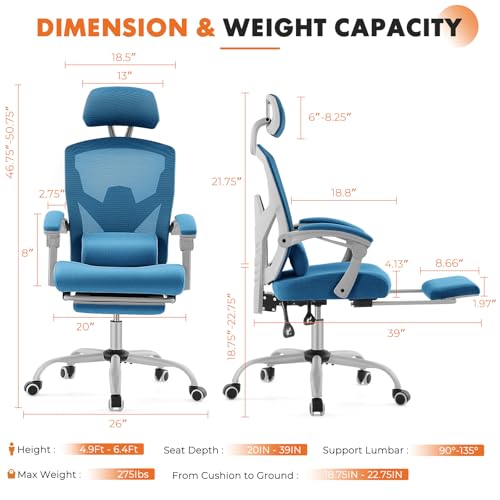 Sweetcrispy Ergonomic Office Desk Chair, Swivel Computer Chair | High-Back Mesh, 360° Rolling Work, Comfy Arms, Home Office Bedroom Study Student, Blue - color: Blue