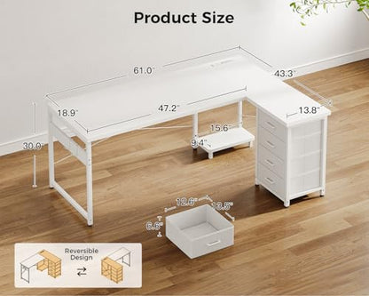 AODK 61" L Shaped Gaming Desk with 4 Drawers and Power Outlets, White - color: White, size: 61 Inch