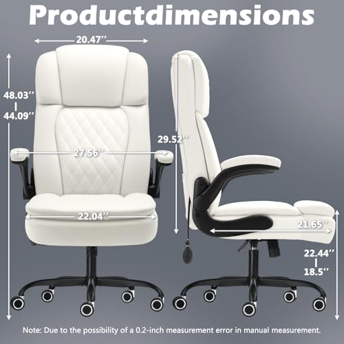 450 LBS Big and Tall Executive Office Chair with Flip up Arm, Heavy Duty Leather Computer Desk Chair,Comfortable High Back Swivel Home Office Chair with Rolling for Adults (White) - color: White