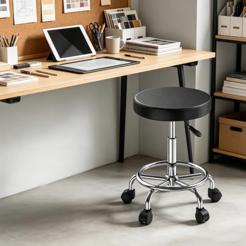 Rolling Stool Adjustable Height 360° Swivel PU Seat with Wheels - color: Black Backless