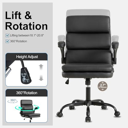 Mid Back Office Desk Chair,Leather Conference Room Chairs,Ergonomic Home Computer Chair,Modern Executive Chair with Padded Flip-up Armrest and Swivel Wheels (Black) - color: Black