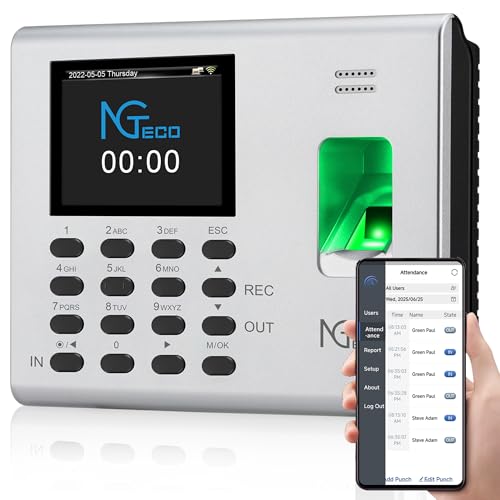 NGTeco APP-Based Time Clock, 2-in-1 Fingerprint Time Clock for Employees Small Business with Auto Punch & Mobile App, Battery Backup, 2.4GHz WiFi, iOS/Android Sync, No Monthly Fee