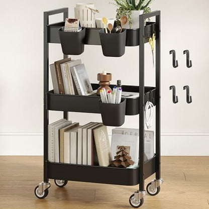 Nunsino 3 Tier Rolling Cart,Utility Cart with Locking Wheels, Hanging Cups & Hooks, Heavy Duty Metal Storage Organizer Cart for Kitchen,Office, Bathroom,Craft Room,Black - color: Black
