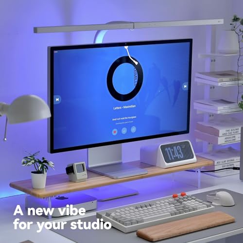 Bamboo Monitor Stand, Desk Shelf with Acrylic Legs and RGB Lights | 31.5-Inch Wide, 3.3-Inch Clearance, Fits Monitor, Laptop, Printer and Speakers for Small Desks - color: Natural x RGB Light
