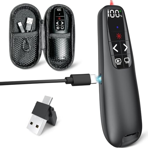 Presentation Clicker & Case, Power Display Wireless Presenter Remote | 2‑in‑1 USB/Type C Receiver, Rechargeable Red Light Pointer Computer PowerPoint PPT Clickers for Mac/Windows - style: Red Light & Power Display