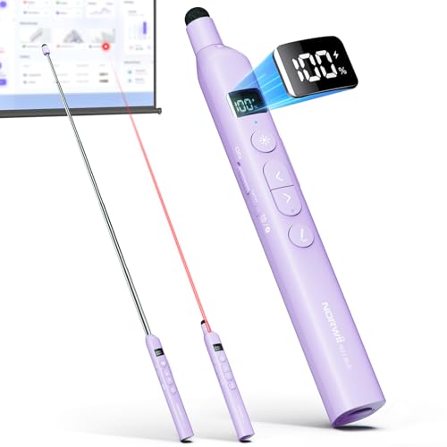 N21 Bluetooth Presentation Clicker for PowerPoint with Retractable Pointer | ①Laser Pointer②Telescopic touch pen③Countdown timer, vibration alert ④Customizable Button ⑤Rechargeable;battery level display - color: Purple - Red Pointer