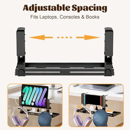 Desk Side Storage Organizer, Clamp-On Laptop Holder & Storage Shelf