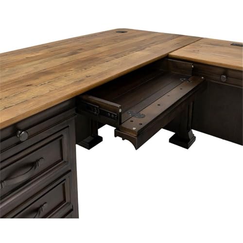 Bowery Hill Executive L-Desk & Return, 68 x 72 x 30 in, Solid Wood Plank Top, Brown Finish, Two-Tone Design, Antique Bronze Hardware, Dropfront Drawer, AC/USB Power Center, Fully Assembled Office Desk