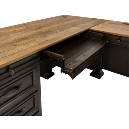 Bowery Hill Executive L-Desk & Return, 68 x 72 x 30 in, Solid Wood Plank Top, Brown Finish, Two-Tone Design, Antique Bronze Hardware, Dropfront Drawer, AC/USB Power Center, Fully Assembled Office Desk