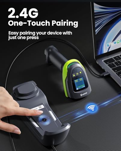 Eyoyo Handheld 1D 2D QR Bluetooth Wireless Barcode Scanner with Screen | 1.44" LCD, Wall-Mount Locking Charging Cradle, 2900mAh Removable Battery, USB Wired UPC Bar Code Reader for Warehouse POS