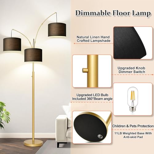 Dimmable Floor Lamp, 3 Lights Gold Arc Floor Lamp, Modern Tall Standing Tree Lamp with Black Linen Shades & Heavy Base, 3000LM LED Bulbs, Bright Lighting for Living Room, Bedroom, Office & Reading - color: Gold-Black Shade