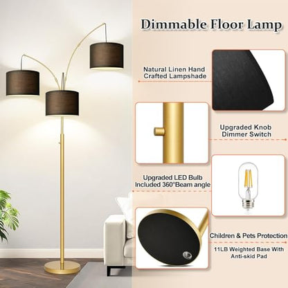 Dimmable Floor Lamp, 3 Lights Gold Arc Floor Lamp, Modern Tall Standing Tree Lamp with Black Linen Shades & Heavy Base, 3000LM LED Bulbs, Bright Lighting for Living Room, Bedroom, Office & Reading - color: Gold-Black Shade