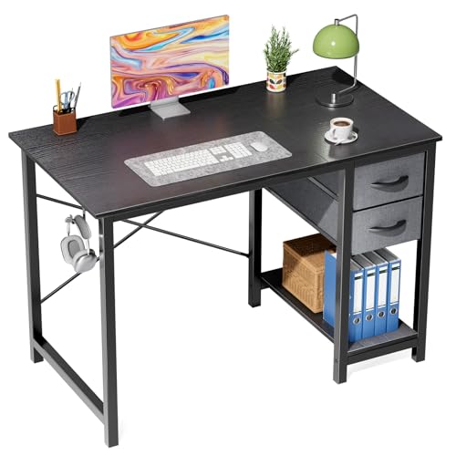 Sweetcrispy 40-Inch Computer Desk with Drawers, Office Desk, Black | Small Desk for Bedroom Home Office with Side Hook, Modern Simple desk with storage for Writing - color: Black, size: 40 Inches