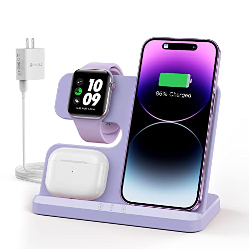 JARGOU 3 in 1 Charging Station for Apple Wireless Charger for iPhone 16 15 14 13 12 11 X 8 & for Apple Watch Charger Wireless Charging Station for Multiple Devices for AirPods 2/3/4/Pro/Pro 2 - color: D-Purple