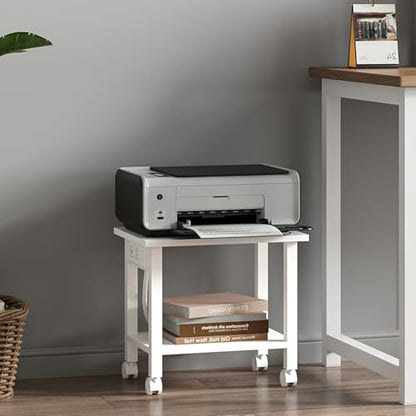 TUTOTAK Printer Stand, 2 Tier Rolling Printer Cart with Charging Station | Small Under Desk Printer Table with Wheels for Small Space, Office, Home, White PS01BW001 - color: White, size: 2 tier(15.7 x 11.8 x 15.4inchs)