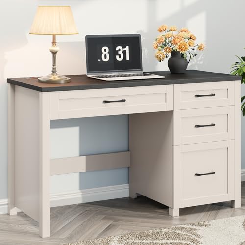 Halitaa Farmhouse 47" Executive Desk, Computer Desk with File Drawer, Black | Workstation, Charging Station, for Study, Home Office - color: Black, size: with Charging Station