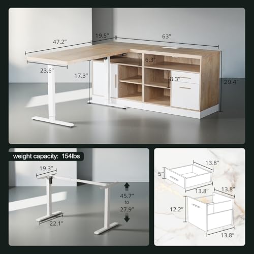 ModernMate 67" L Shaped Executive Standing Desk with Drawer Storage | Electric Adjustable Height Desk, Built-in Power Outlets, 1.18" Thick Desktop, Modular Corner Workstation, White Walnut - color: Light Walnut
