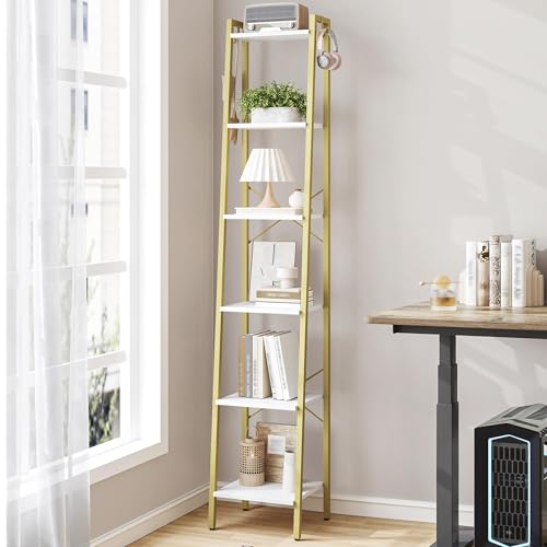 Hzuaneri Ladder Shelf, Bookshelf, Freestanding Corner Storage Shelf | Bookcase with 2 Hooks for Office, Living Room, Kitchen, Bedroom, Industrial, 11.8"D x 13.4"W x 72.8"H,White Gold BC13313G - color: White Gold, size: 11.8"D x 13.4"W x 72.8"H