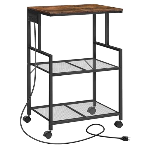 MAHANCRIS Mobile Printer Stand, 3-Tier Industrial Printer Cart with Power Outlets and 2 USB Ports, Rolling Printer Table on Wheels for Home Offices Kitchen Organization Rack, Rustic Brown PTHR78E01 - color: Rustic Brown