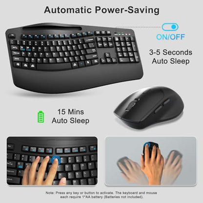 Wireless Keyboard and Mouse Combo, Full Size Ergonomic Wave Keys(Black) - color: Black