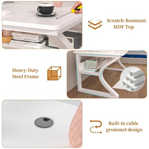 47'' Computer Desk Home Office Desk, Modern Computer Desk w/U Shaped Metal Frame, Storage Shelves, PC Table Study Writing Desk Workstation for Home Office (47inch/White) - size: 47inch/white