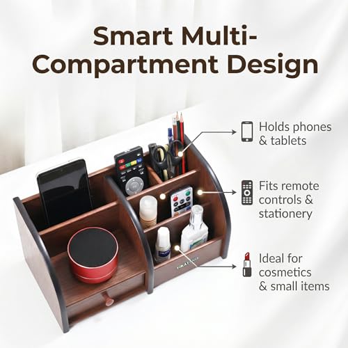 Wooden Desk Organizer with Drawer, Multi-Compartment Desktop Storage for Office Supplies, Remote Control, Phone, Makeup & Accessories