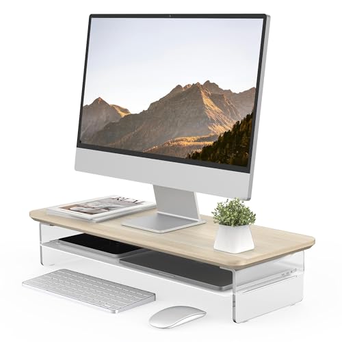 Fenge 23.6" Monitor Stand with Clear Acrylic Legs, Oak - color: Oak, size: 23.6in
