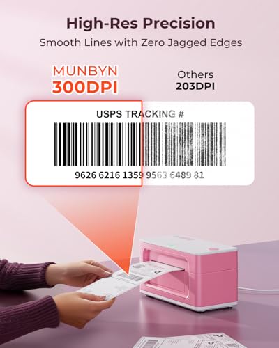 MUNBYN Bluetooth Thermal Label Printer 941BP, 300DPI Wireless 4x6 Shipping - color: Pink