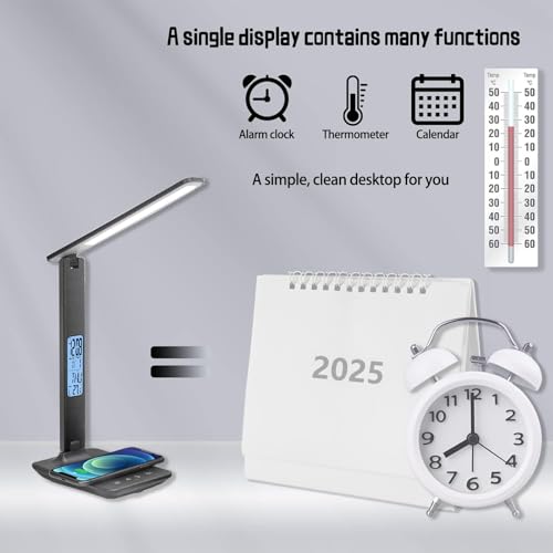 Desk Lamp with Wireless Charger, Table Lamp with USB Port, Eye-Caring Dimmable Touch Control, Clock Display, Adjustable Foldable Arm, 5 Brightness & 3 Color Modes, Home Office Study