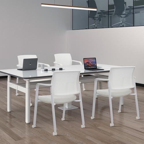 CLATINA Stacking Office Chairs with Wheels | Mesh Back, Thicken Leather Seat and Streamline Armrests, Ergonomic Lumber Support | School, Desk, Guest Reception, Waiting, Conference | Set of 4, White - color: Withwheels White Leather, size: 4 pack