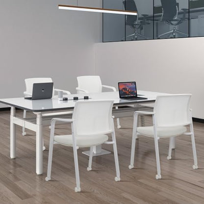 CLATINA Stacking Office Chairs with Wheels | Mesh Back, Thicken Leather Seat and Streamline Armrests, Ergonomic Lumber Support | School, Desk, Guest Reception, Waiting, Conference | Set of 4, White - color: Withwheels White Leather, size: 4 pack