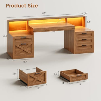 SEDETA 63" Farmhouse Computer Desk with 5 Drawers, Brown | Executive Office Desk with LED Lights & Monitor Stand, Wood Home Office Desk with 2 Printer Stand & Power Outlet - color: Brown, size: Executive Office Desk(63")