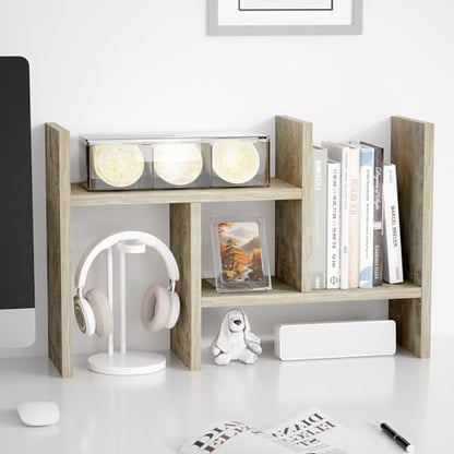 Jerry & Maggie Desktop Organizer Office Storage Rack Adjustable Wood Display Shelf Free Style Double H, Multi-Functional Mini Bookshelf for Desk Natural Stand (Gray Oak) - color: Gray Oak