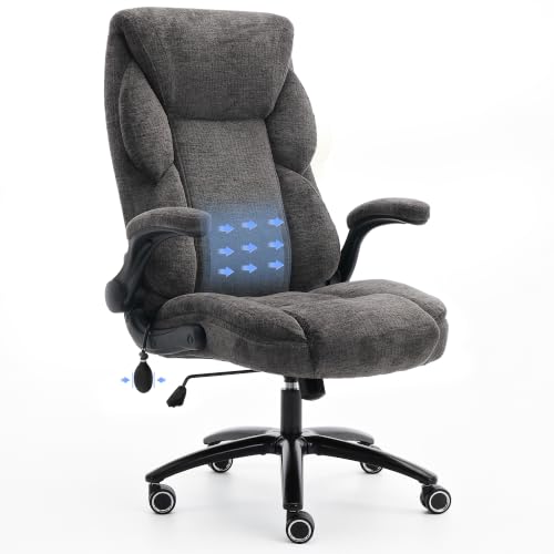 Fabric Office Chair with Inflatable Lumbar Support, Executive Ergonomic Desk Chairs with Flip Arms, High Back Cloth Computer Chair Rocking Function, Heavy Duty Metal Base 300 lbs Capacity| Grey - color: Grey