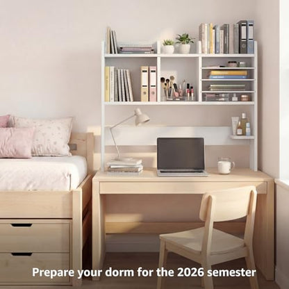 NUTIKAS Desktop Bookshelf for Computer Desk - 36" Desk Hutch Organizer with 4-Tier Paper Tray, Tabletop Storage Rack for College Dorm Room Essentials, Home Office Shelving, White