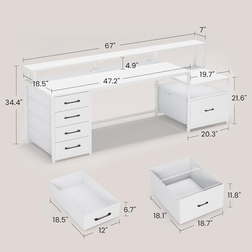 SEDETA Computer Desk with 5 Drawer, Power Outlet, Led Lights, White - color: White With Led Lights, size: 67X18.5inch
