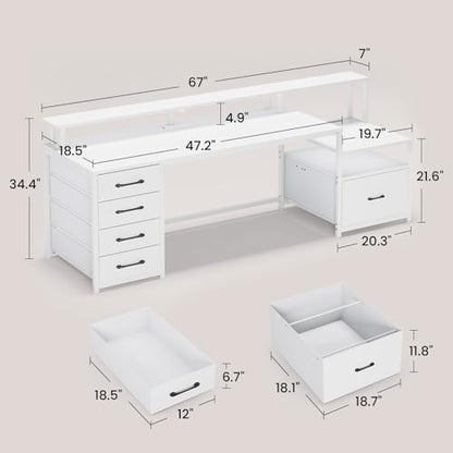 SEDETA Computer Desk with 5 Drawer, Power Outlet, Led Lights, White - color: White With Led Lights, size: 67X18.5inch