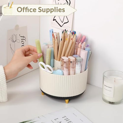 SKYDUE 360 Rotating Organizer, Dual-Purpose Pencil Pen Holder, 5-Slot Rotating Pencil Cup for Office, School, Home (Beige-Black) - color: Beige-Black_1Pack