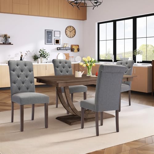 COLAMY Button Tufted Dining Chairs Set of 6, Accent Parsons Diner Upholstered Fabric Dining Room Stylish Kitchen Chairs with Solid Wood Legs and Padded Seat, Dark Grey - color: Dark Grey, size: set of 6