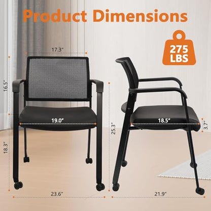 CLATINA Stacking Office Chair with Wheels, Mesh Back Waiting Room Guest Chairs with Arms Comfortable Leather Cushion Stackable Desk Chair for Conference Reception School, Black, 8 PK