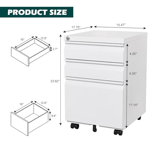 3 Drawer Mobile Locking File Cabinet,Anti-tilt Design Metal Vertical Filing Cabinet,Rolling Desk Filing Cabinet fits Letter/Legal Size for Home Office (White) - color: White, style: 3A