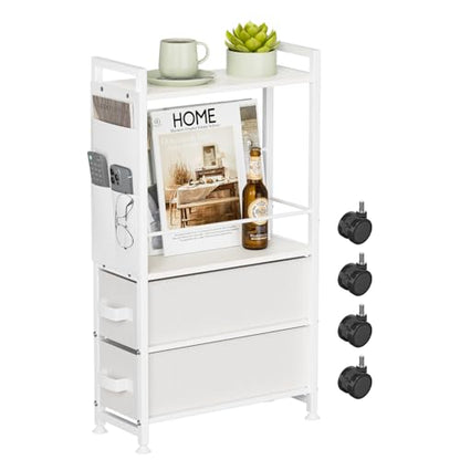 Oppro 2 Drawer Small Narrow Side End Table, Slim Nightstand with Wheels - color: White, size: 2 Drawers
