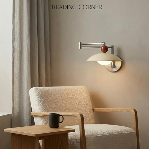 Nordic Chrome Swing Arm Wall Sconce, Modern Cream Dome Wall Mounted Lamp Silver Wall Lighting Fixture with Red Ball Accent for Bedroom Home Office