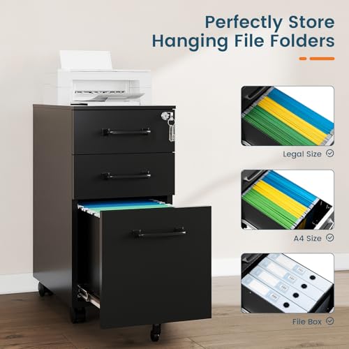 MIIIKO File Cabinet 3 Drawers on Wheels Under Desk, Black Metal File Cabinets with Lock for Home Office, Filing Cabinet with Lock(Un-Assembled) - color: Black, size: 3 Drawer-11.8"W -Mobile
