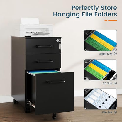 MIIIKO File Cabinet 3 Drawers on Wheels Under Desk, Black Metal File Cabinets with Lock for Home Office, Filing Cabinet with Lock(Un-Assembled) - color: Black, size: 3 Drawer-11.8"W -Mobile